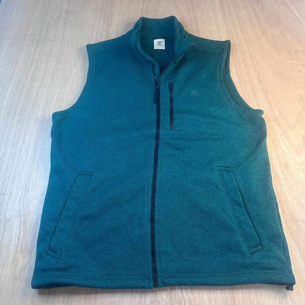 Timberland Men's XL Green Fleece Vest Full Zip Outdoor Hiking Logo